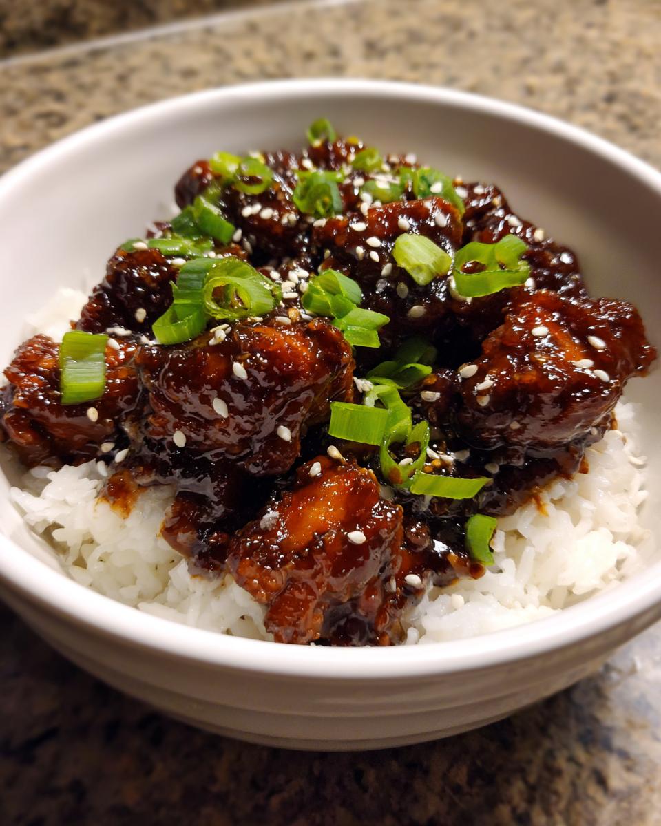 Close-up of a delicious chicken rice bowl featuring dark, glossy glazed chicken pieces over white rice, garnished with green onions and sesame seeds.