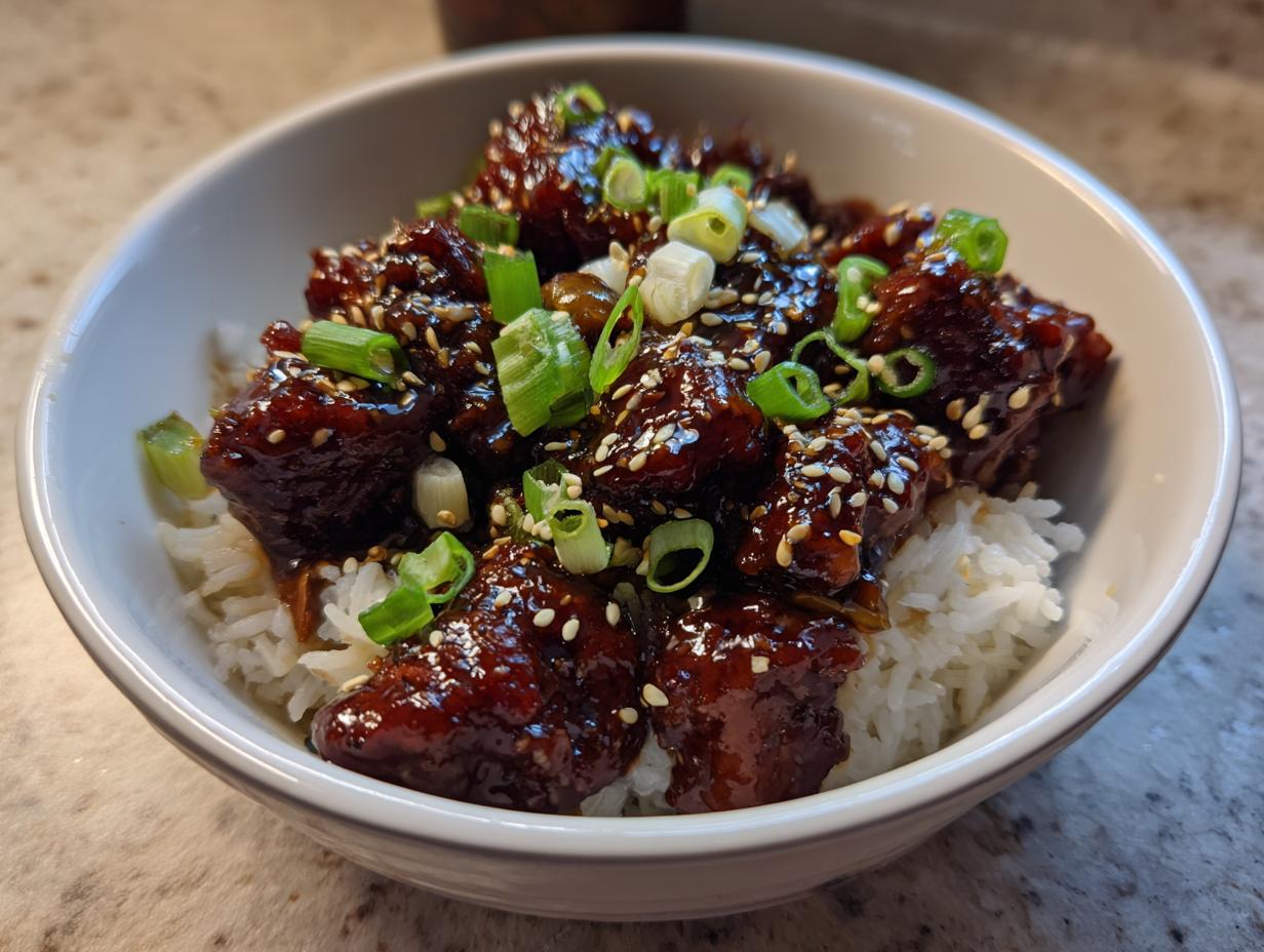 Close-up of a white bowl filled with white rice topped with glazed chicken pieces, sesame seeds, and sliced green onions for a chicken rice bowl.