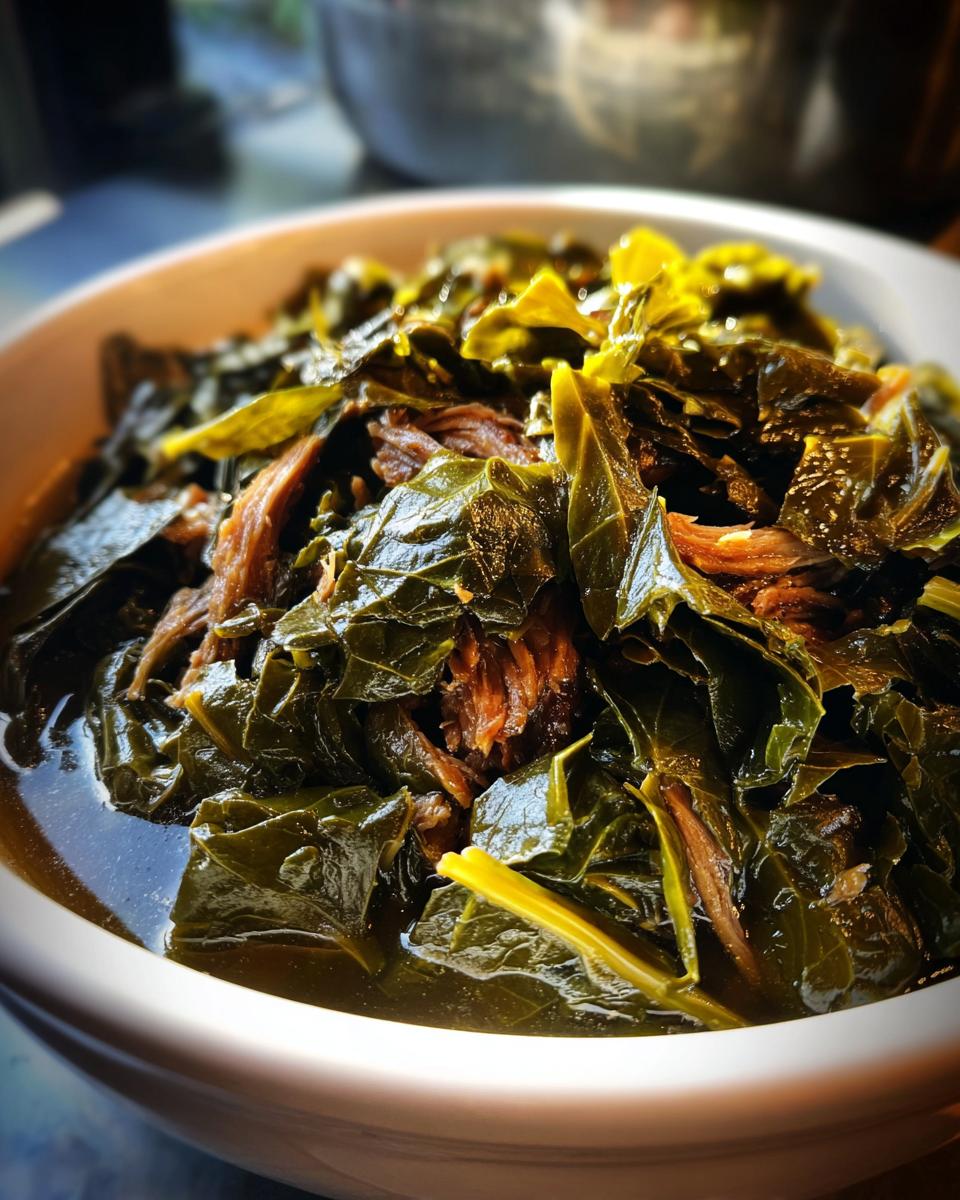 Close-up of tender, dark green collard greens served in a white bowl with savory shredded meat.