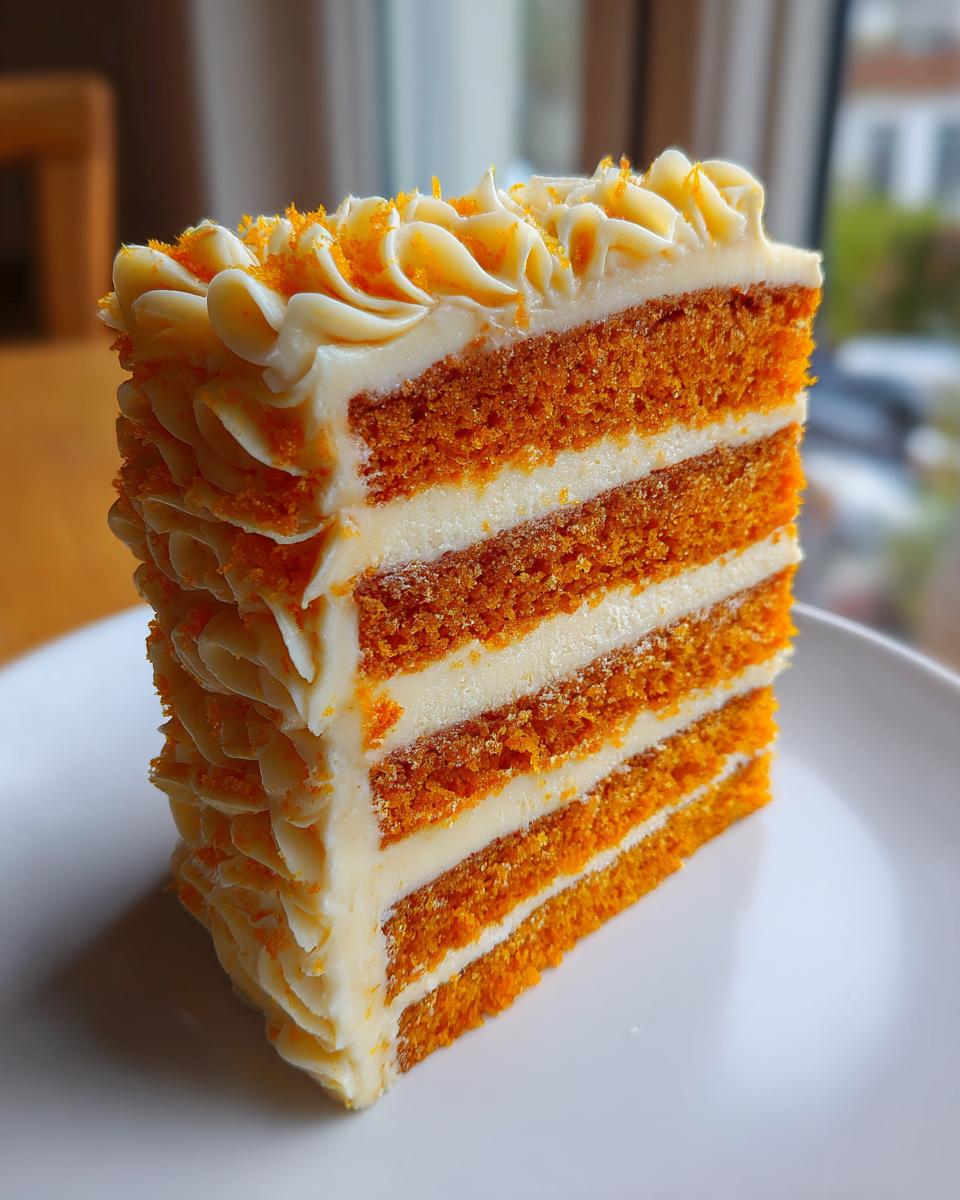 A tall, layered slice of orange Creamsicle Cake with white cream cheese frosting layers and piped decoration.