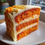 A tall slice of Amazing Creamsicle Cake showing three layers of bright orange cake and white cream cheese frosting.