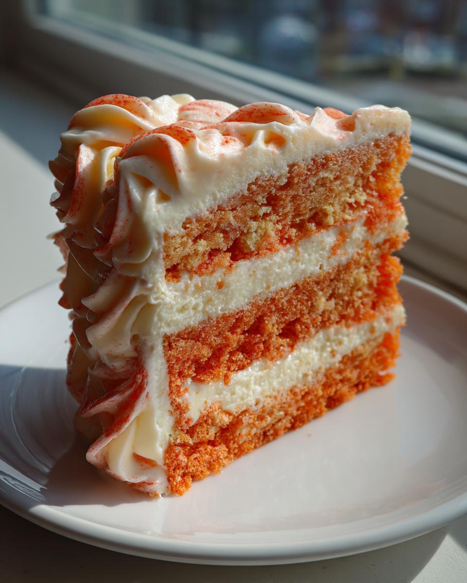 A tall slice of orange Creamsicle Cake showing three layers of bright orange cake alternating with white cream cheese frosting.