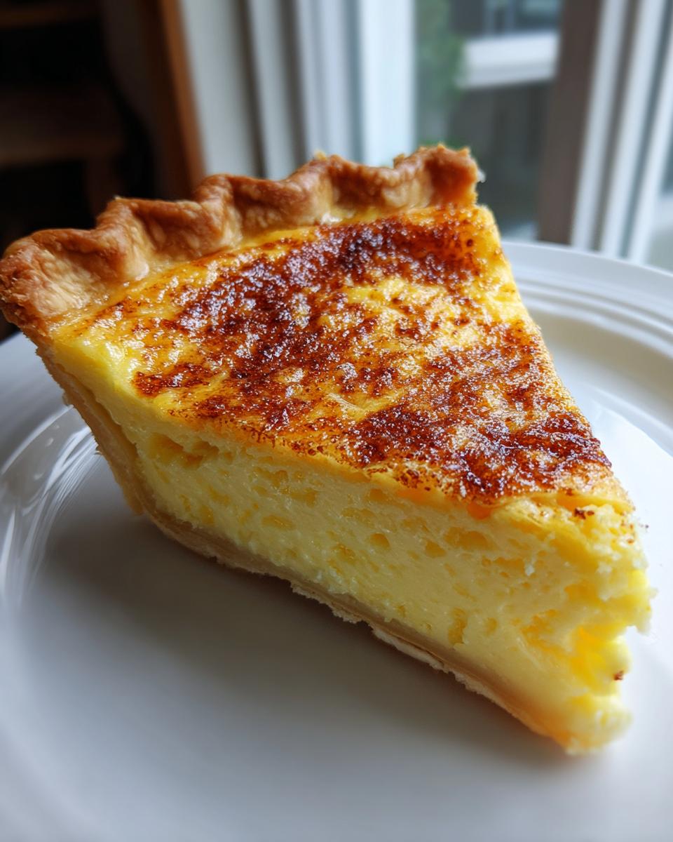A close-up slice of amazing custard pie showing a silky yellow filling and a deeply browned, spiced top crust.