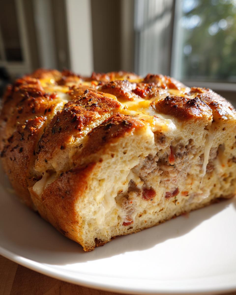 Close-up of a freshly baked garbage bread loaf, showing melted cheese and savory filling inside the scored bread.
