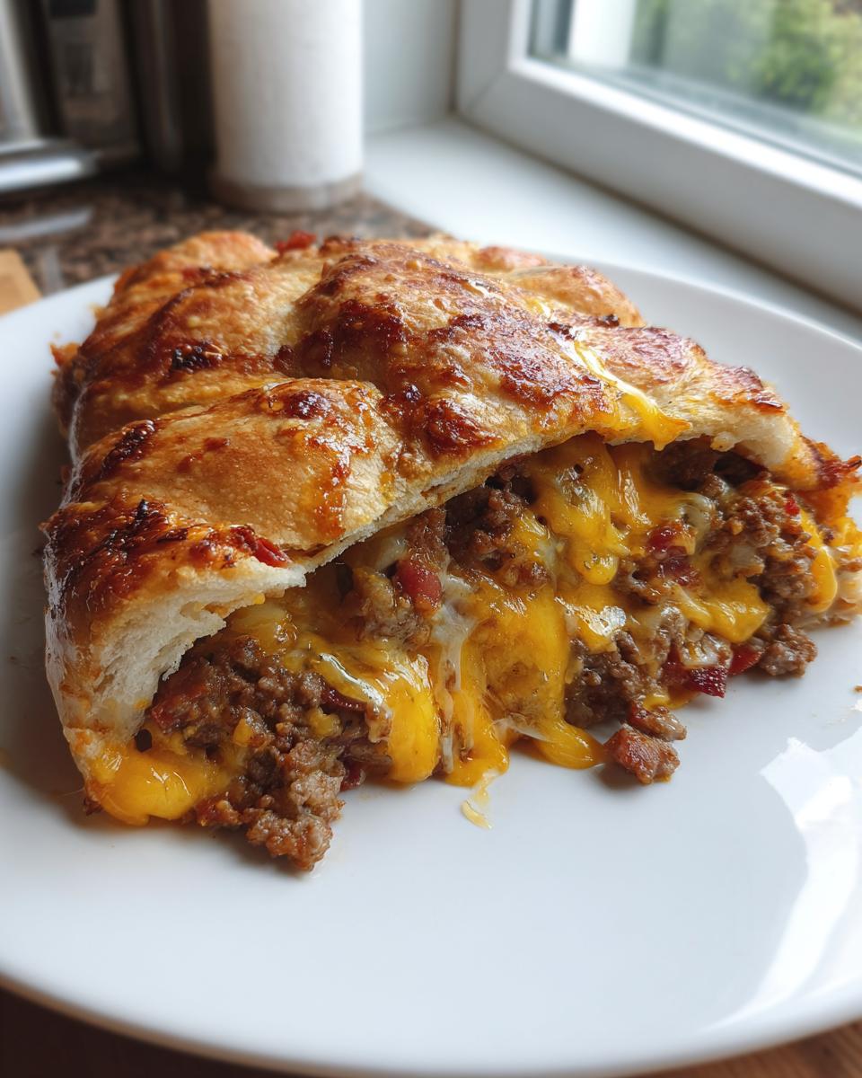 A cross-section of delicious garbage bread overflowing with ground meat and melted cheddar cheese on a white plate.