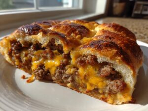A cross-section slice of amazing garbage bread showing a savory ground meat and melted cheddar cheese filling inside a golden-brown crust.