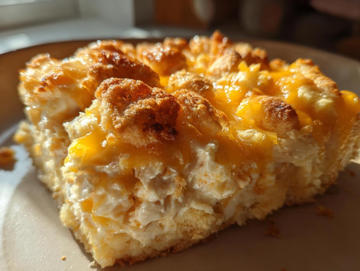 Close-up of a baked slice of hot chicken salad with a creamy filling and melted cheddar topping.