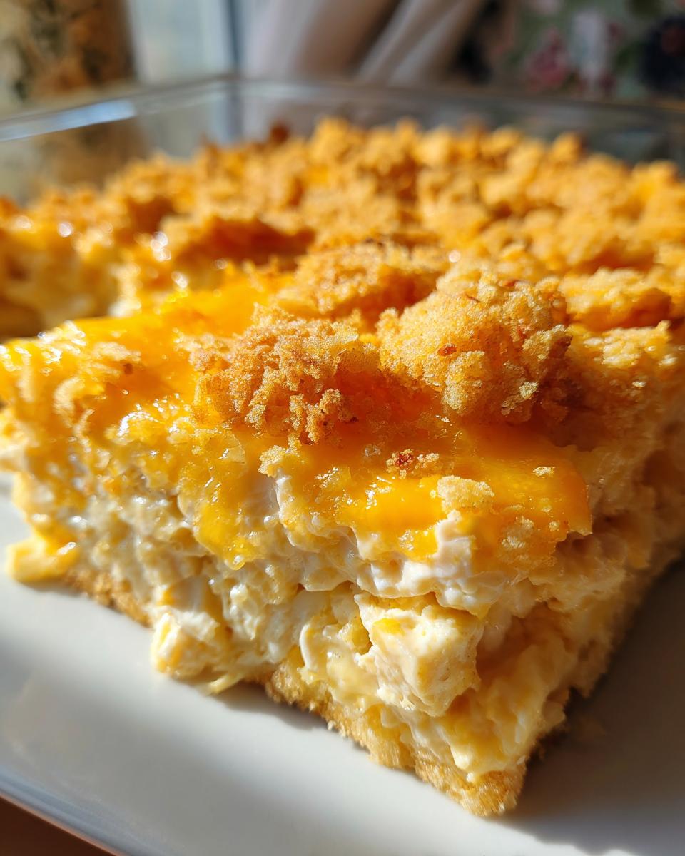 Close-up of a serving of amazing hot chicken salad with a creamy filling and crunchy cheese topping.