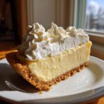 A thick slice of creamy lemon pie with a graham cracker crust and topped generously with whipped cream.