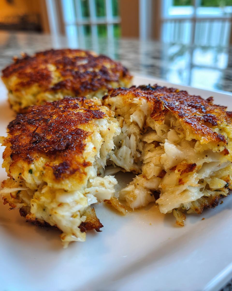 Close-up of a perfectly seared maryland crab cake broken open to show the flaky white crab meat inside.