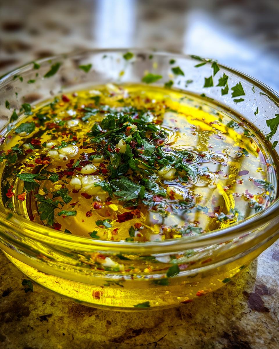 Close-up of a glass bowl filled with golden olive oil bread dip, topped with fresh parsley, minced garlic, and red pepper flakes.
