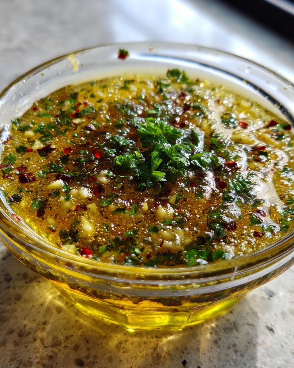 Close-up of a glass bowl filled with amazing olive oil bread dip, featuring minced garlic, herbs, and red pepper flakes.