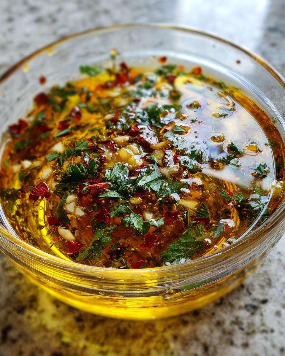 Close-up of a glass bowl filled with olive oil bread dip, showing herbs, garlic, and red pepper flakes floating on top.