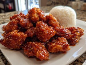 A plate of crispy, glazed orange chicken pieces sprinkled with sesame seeds, served next to a mound of white rice.
