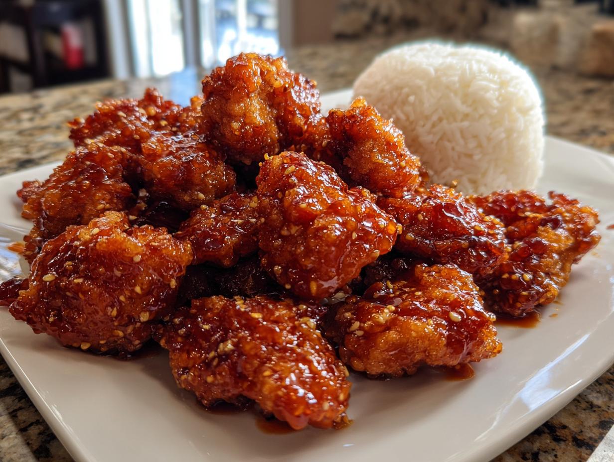 A plate of crispy, glazed orange chicken pieces sprinkled with sesame seeds, served next to a mound of white rice.