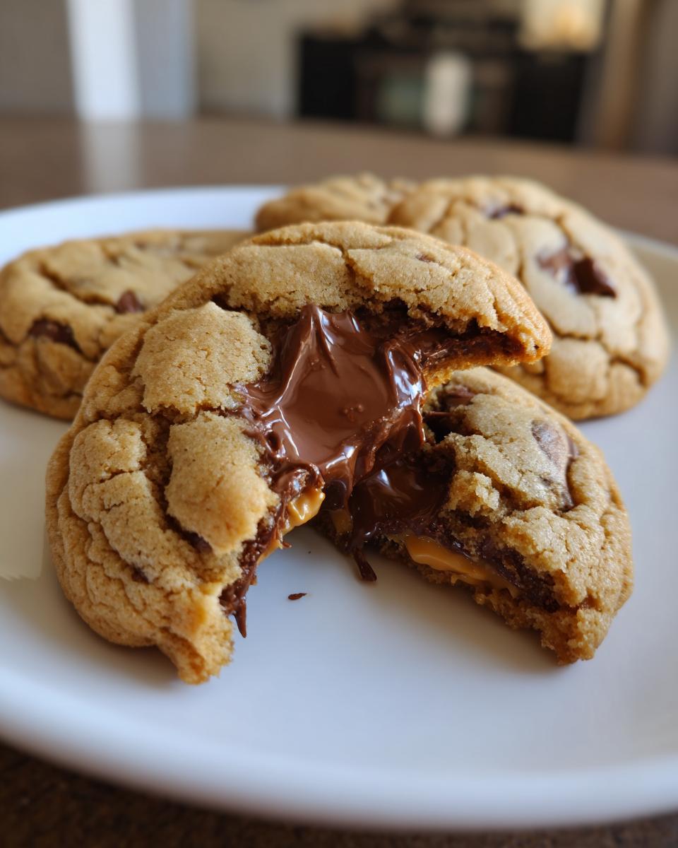 Close-up of amazing peanut butter cup cookies, one broken open revealing a gooey, melted chocolate and peanut butter center.