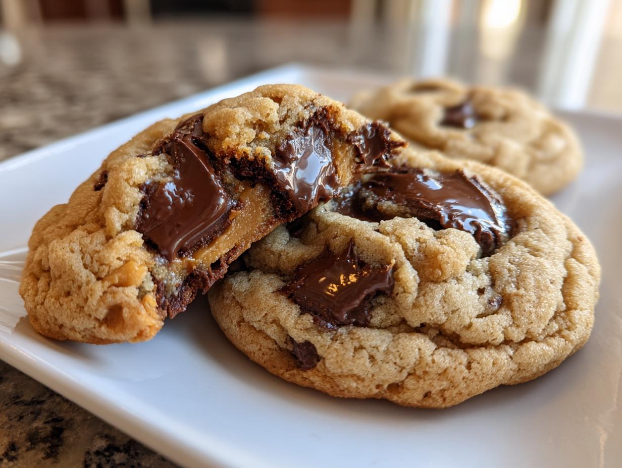 Close-up of amazing peanut butter cup cookies, one broken in half revealing a gooey melted chocolate and peanut butter center.