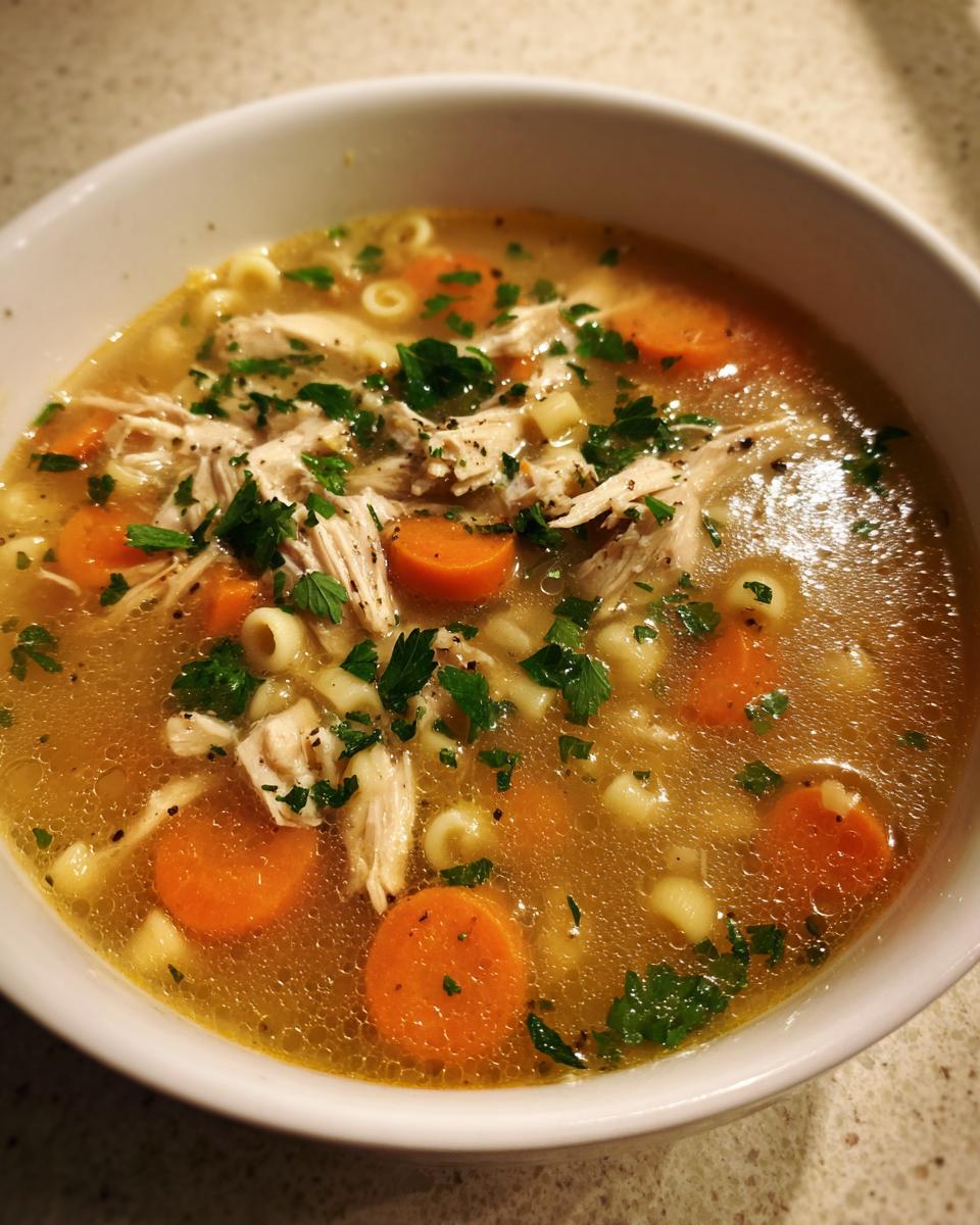 Close-up of a white bowl filled with amazing penicillin soup, featuring shredded chicken, sliced carrots, small pasta, and fresh parsley.