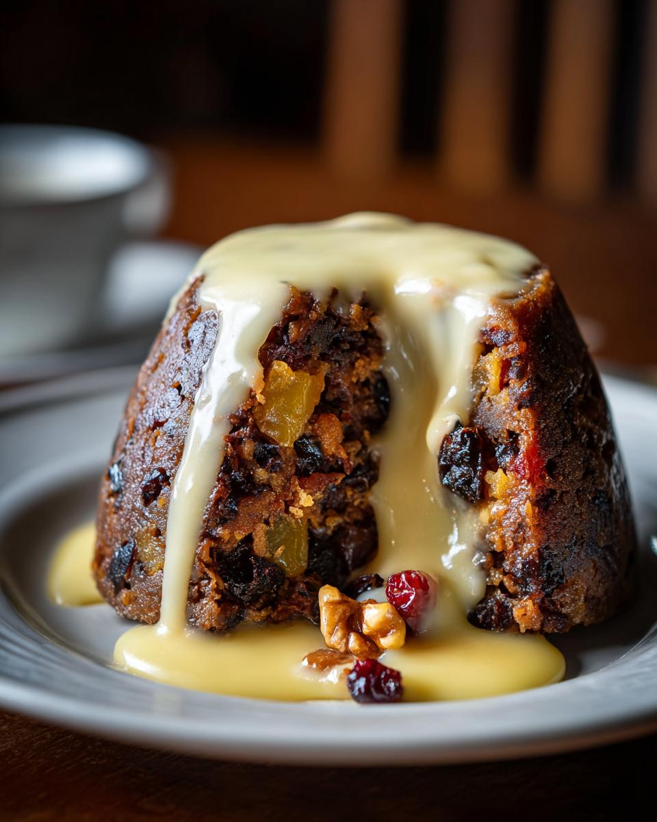 A close-up of a rich, dark plum pudding covered in creamy custard sauce, served on a plate.