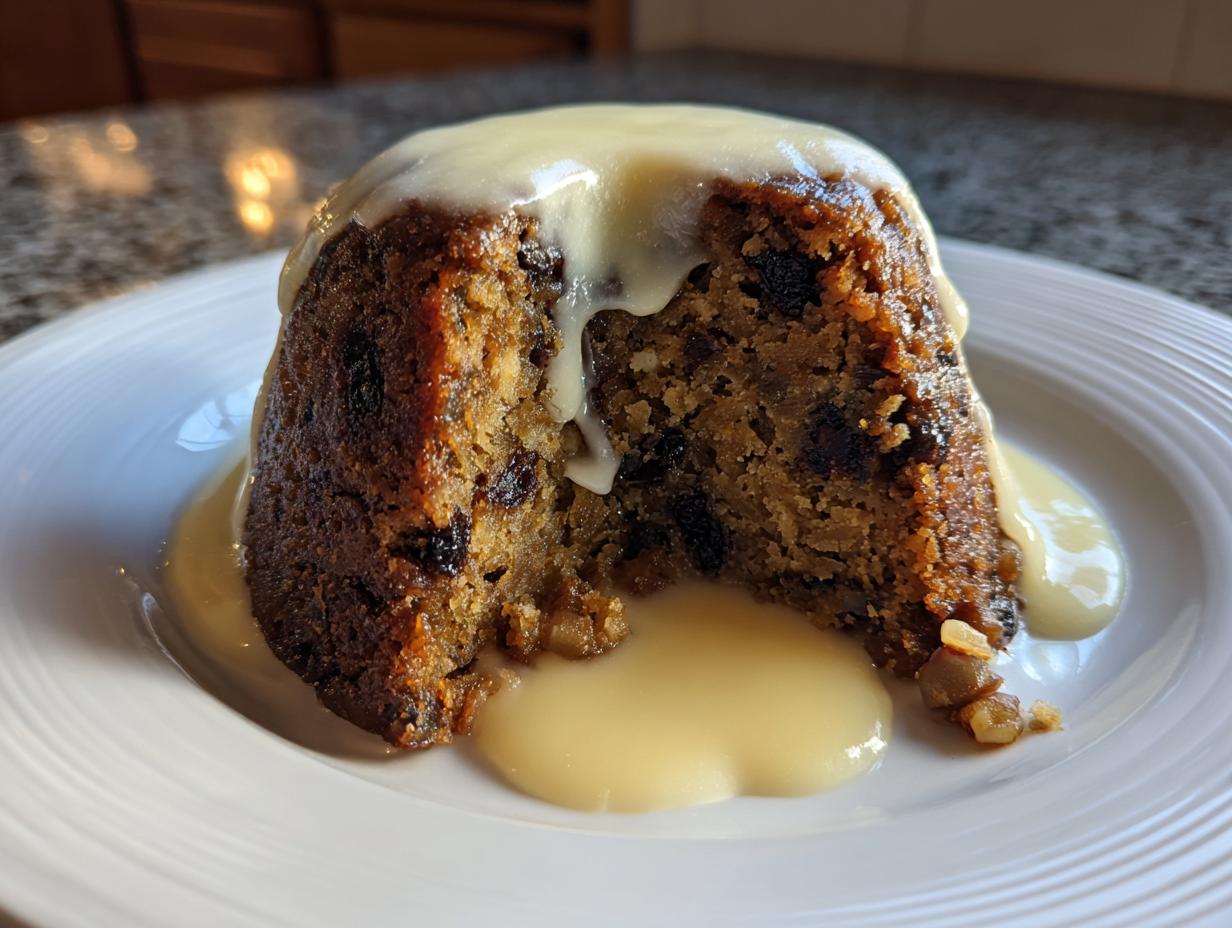 A cross-section of a rich, dark plum pudding topped with thick, flowing custard sauce on a white plate.