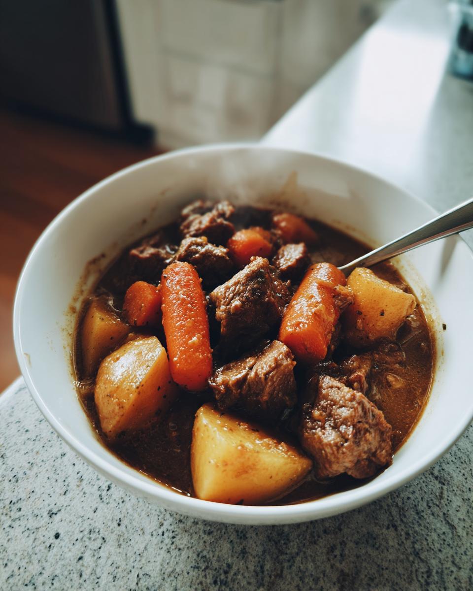 Close-up of a white bowl filled with rich, dark pork stew featuring chunks of meat, potatoes, and carrots.