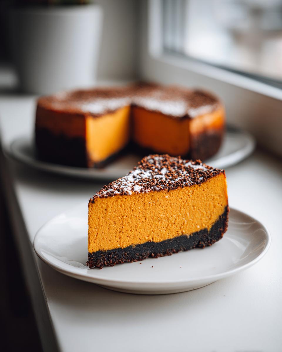 A perfect slice of orange pumpkin cheesecake with a dark chocolate crust, topped with chocolate crumbs.