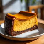 A close-up of a thick slice of amazing pumpkin cheesecake with a dark crust, bathed in sunlight.