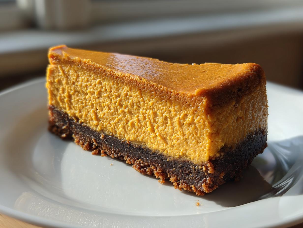 A perfect slice of amazing pumpkin cheesecake with a thick, dark chocolate crust on a white plate.