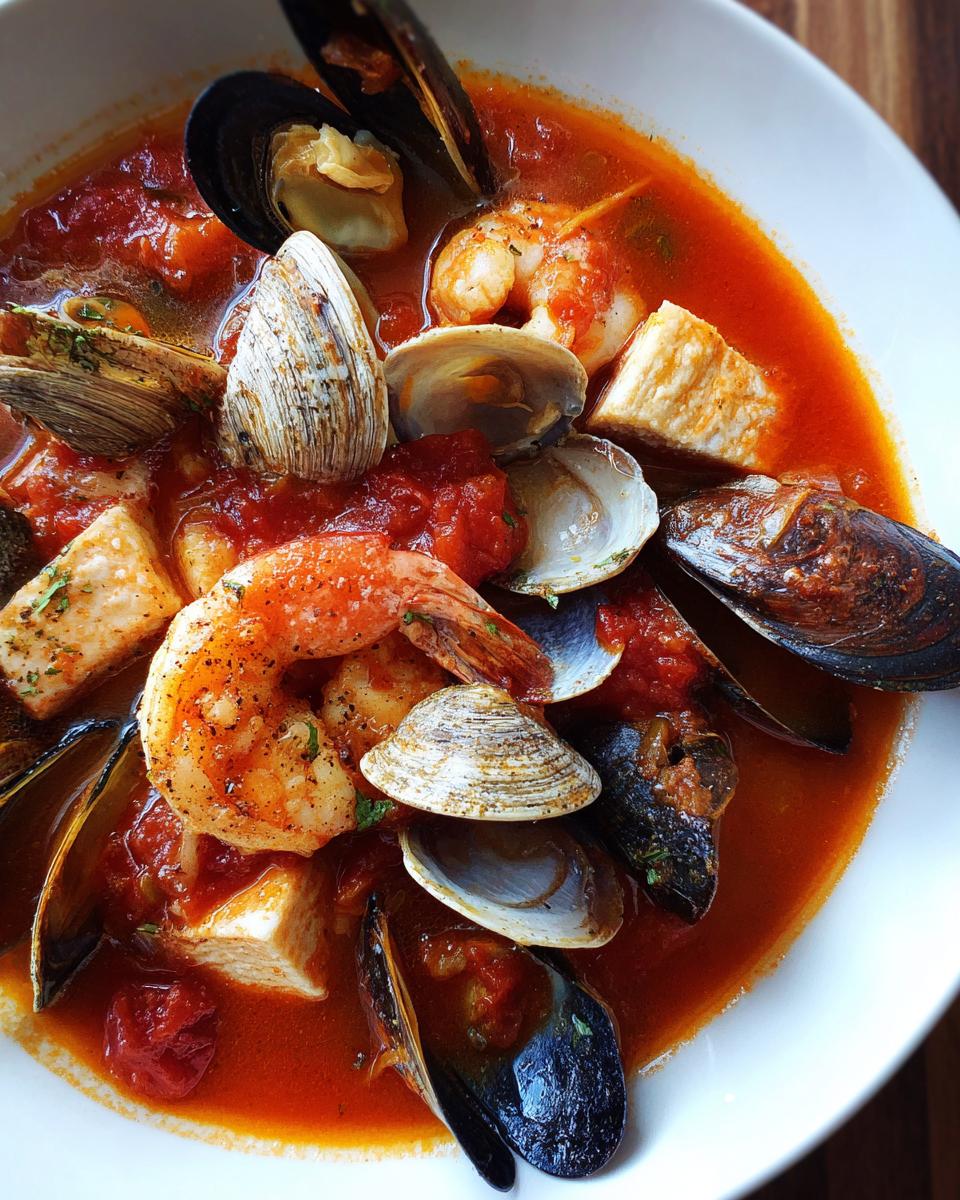 A close-up bowl of rich tomato-based seafood soup cioppino filled with shrimp, clams, mussels, and white fish.