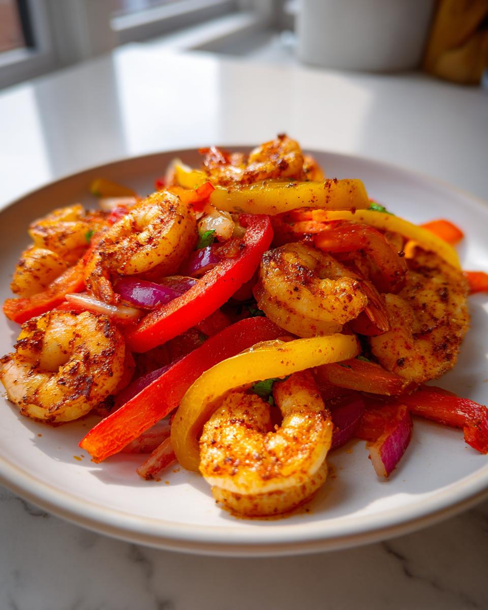 Close-up of seasoned shrimp fajitas featuring plump shrimp mixed with sliced red and yellow bell peppers and red onion.
