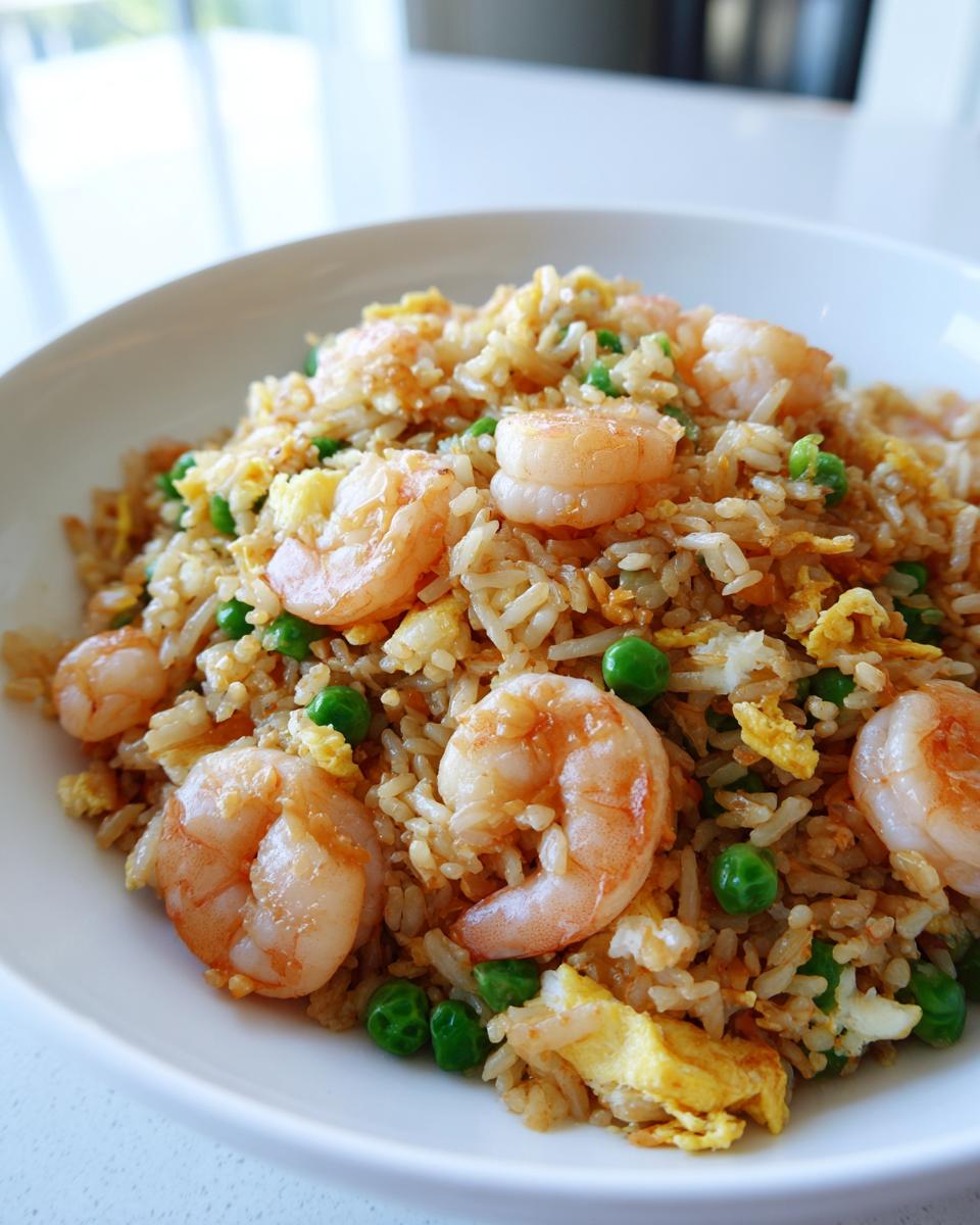 A close-up shot of a white bowl filled with amazing shrimp fried rice, featuring plump shrimp, green peas, and scrambled egg.