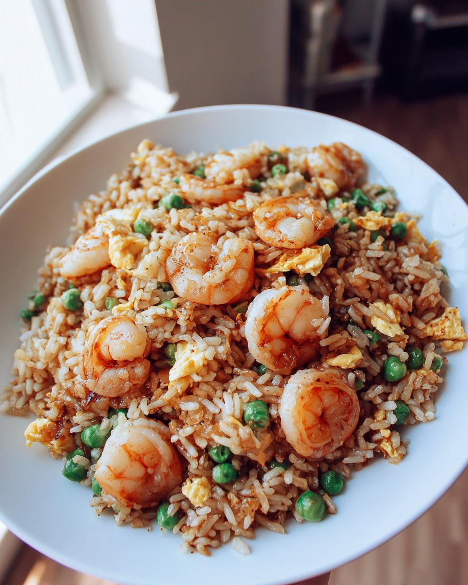 A close-up of a generous serving of shrimp fried rice with plump shrimp, green peas, and scrambled egg.