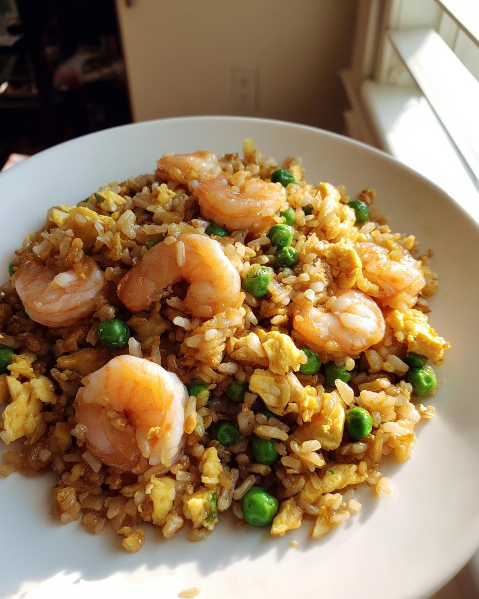 Close-up of a white plate filled with golden brown shrimp fried rice, featuring large pink shrimp, scrambled egg pieces, and bright green peas.