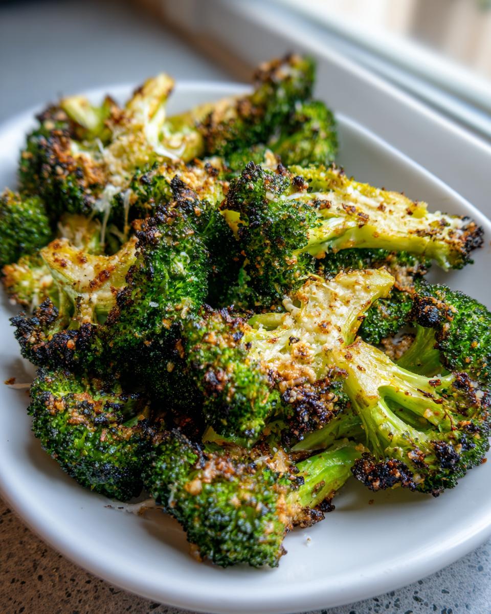 A close-up of perfectly roasted, slightly charred smashed broccoli florets topped with melted cheese.
