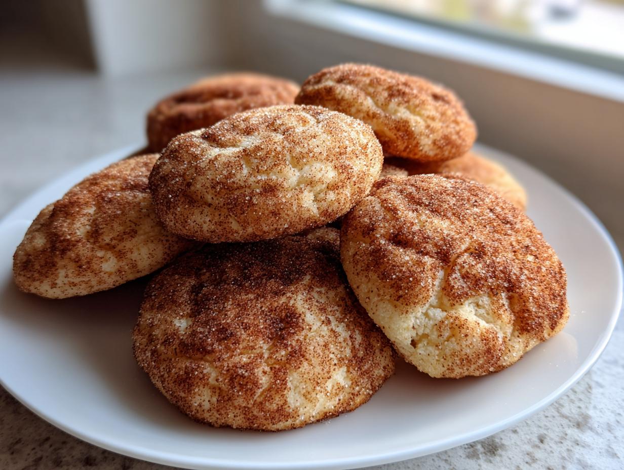 A pile of soft, freshly baked snickerdoodle cookies coated in cinnamon sugar resting on a white plate.