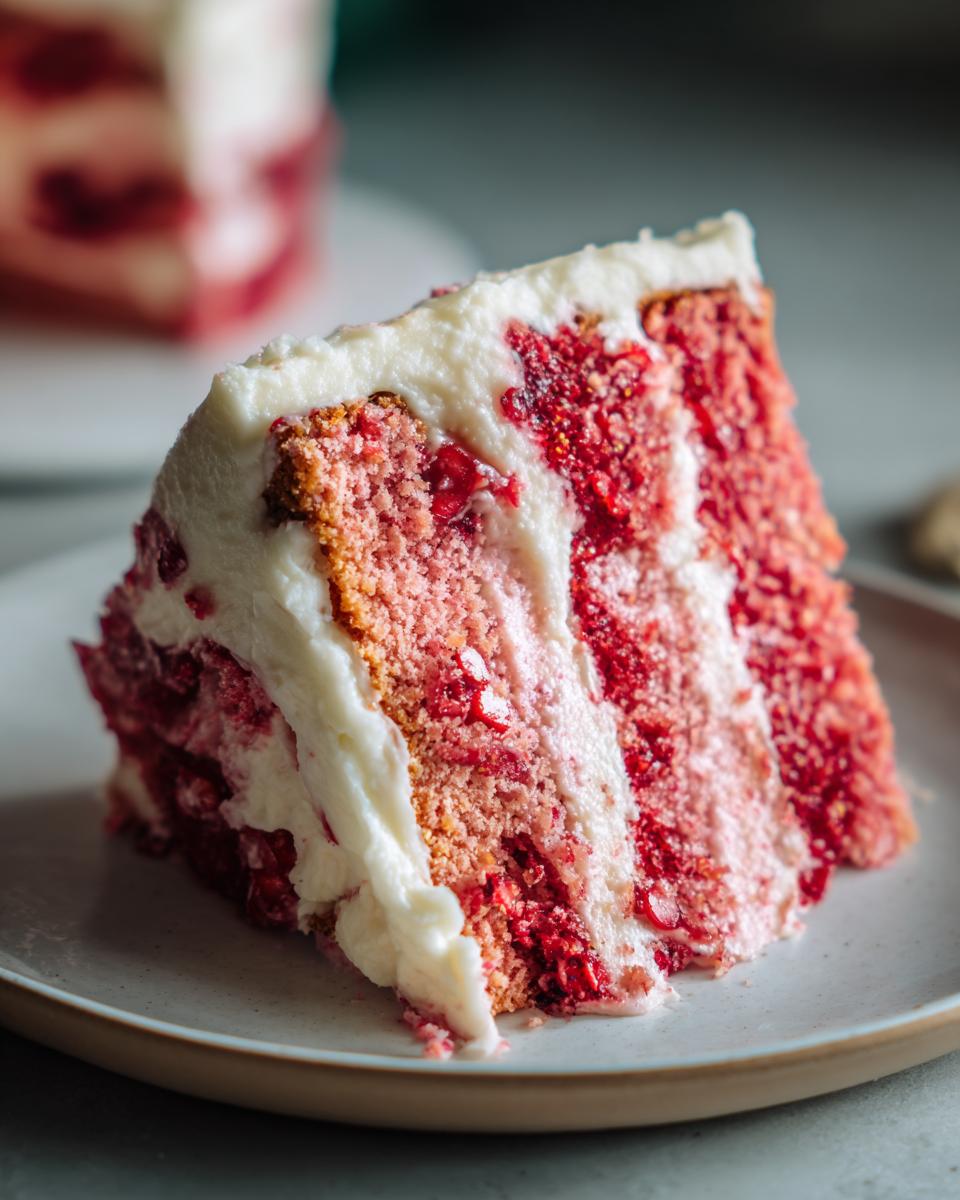 Close-up of a moist slice of strawberry cake with visible fruit pieces and thick white frosting.