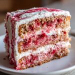 Close-up of a moist slice of strawberry cake showing two layers of cake filled with bright red fruit and white cream frosting.