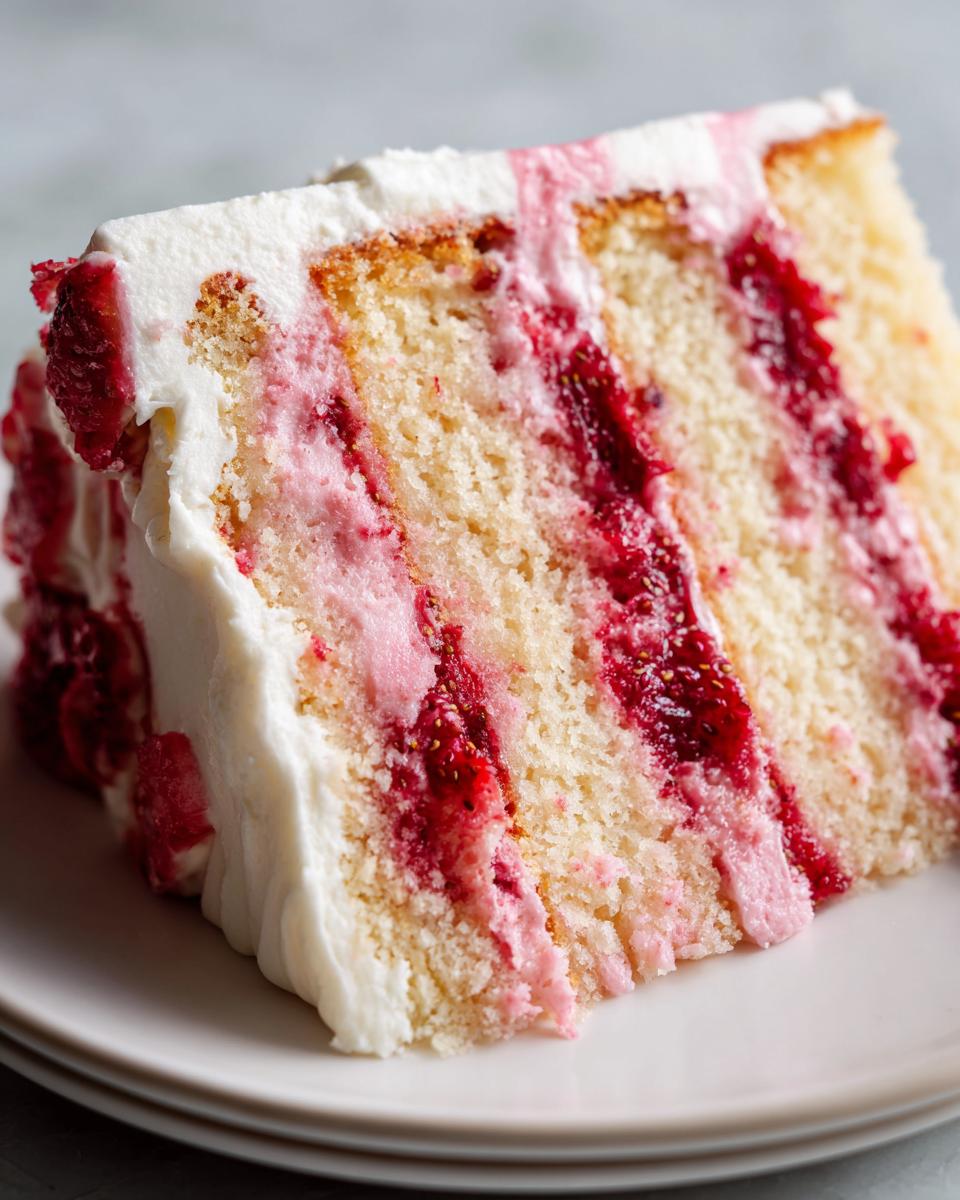 Close-up of a moist slice of strawberry cake showing layers of yellow cake, bright red strawberry filling, and white frosting.