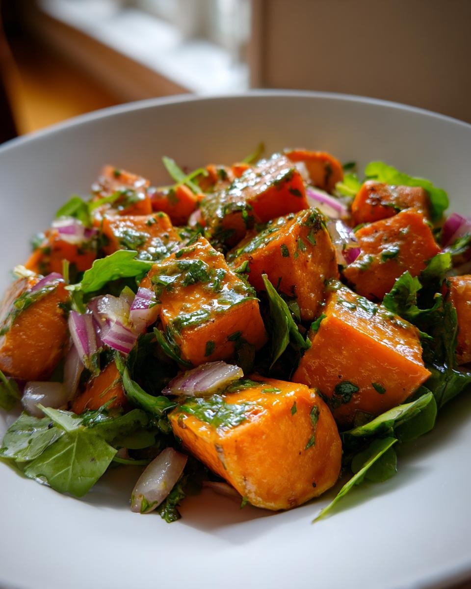 Close-up of vibrant orange chunks in a sweet potato salad mixed with green leaves and red onion, drizzled with dressing.