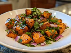 A close-up of a vibrant sweet potato salad featuring roasted sweet potato cubes mixed with red onion and fresh green herbs.