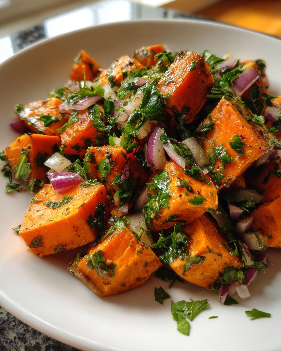 Close-up of bright orange roasted sweet potato salad mixed with fresh parsley and diced red onion.