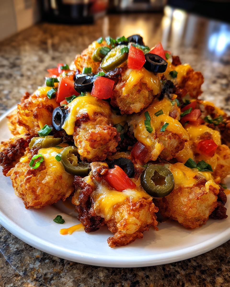 A close-up of a massive serving of tater tot nachos topped with melted cheese, ground meat, jalapeƱos, tomatoes, and olives.
