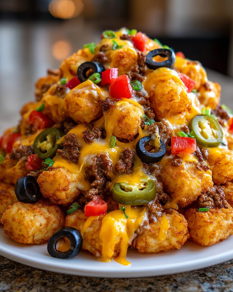 A tall mound of crispy tater tot nachos smothered in melted cheese, seasoned ground beef, black olives, jalapeƱos, and tomatoes.