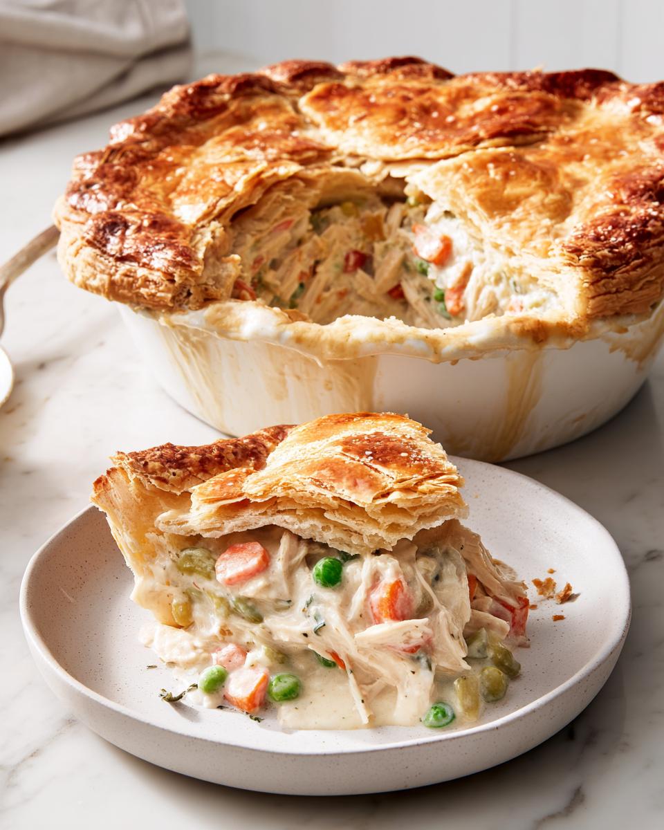 A generous slice of creamy turkey pot pie with visible carrots and peas, served next to the main dish.