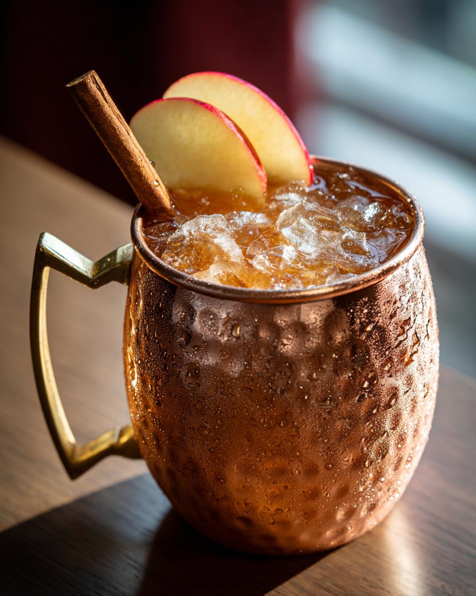 Close-up of a frosty apple cider moscow mule garnished with apple slices and a cinnamon stick.