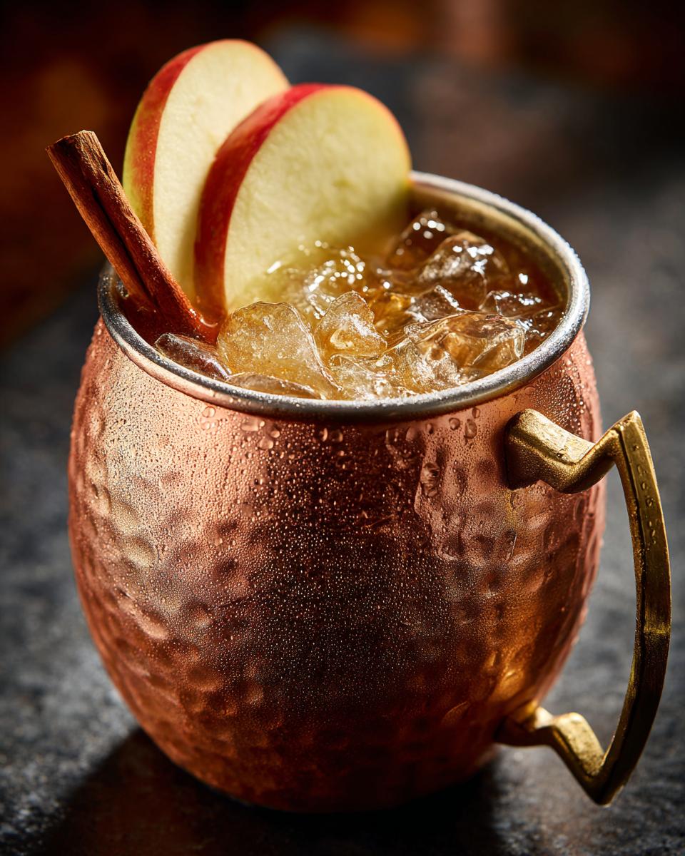 Close-up of a chilled apple cider moscow mule garnished with apple slices and a cinnamon stick in a copper mug.