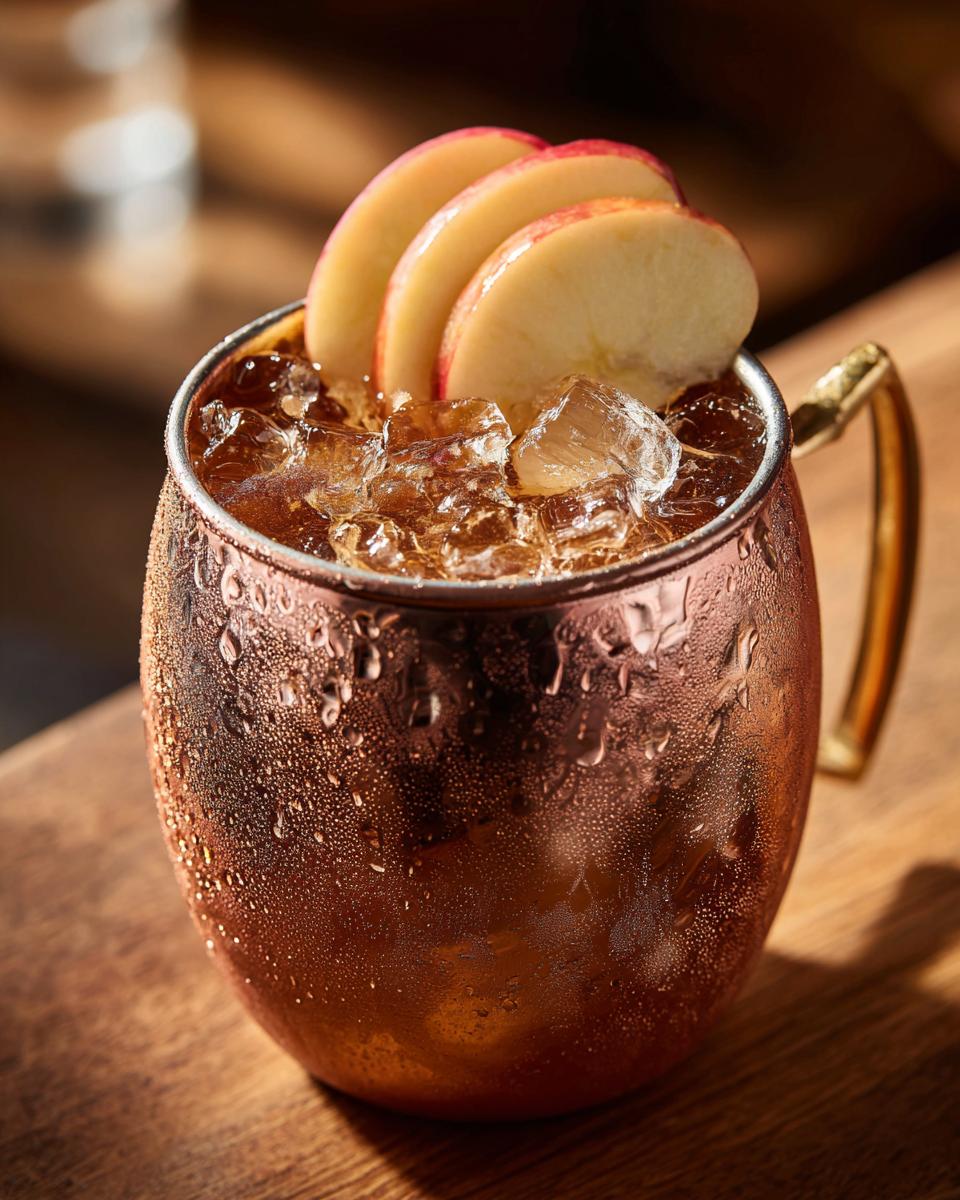Close-up of a frosty copper mug filled with an apple cider moscow mule, ice, and garnished with apple slices.