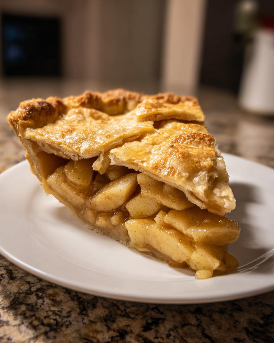 A close-up of a generous slice of apple pie showing thick, spiced apple filling and a golden, flaky crust.
