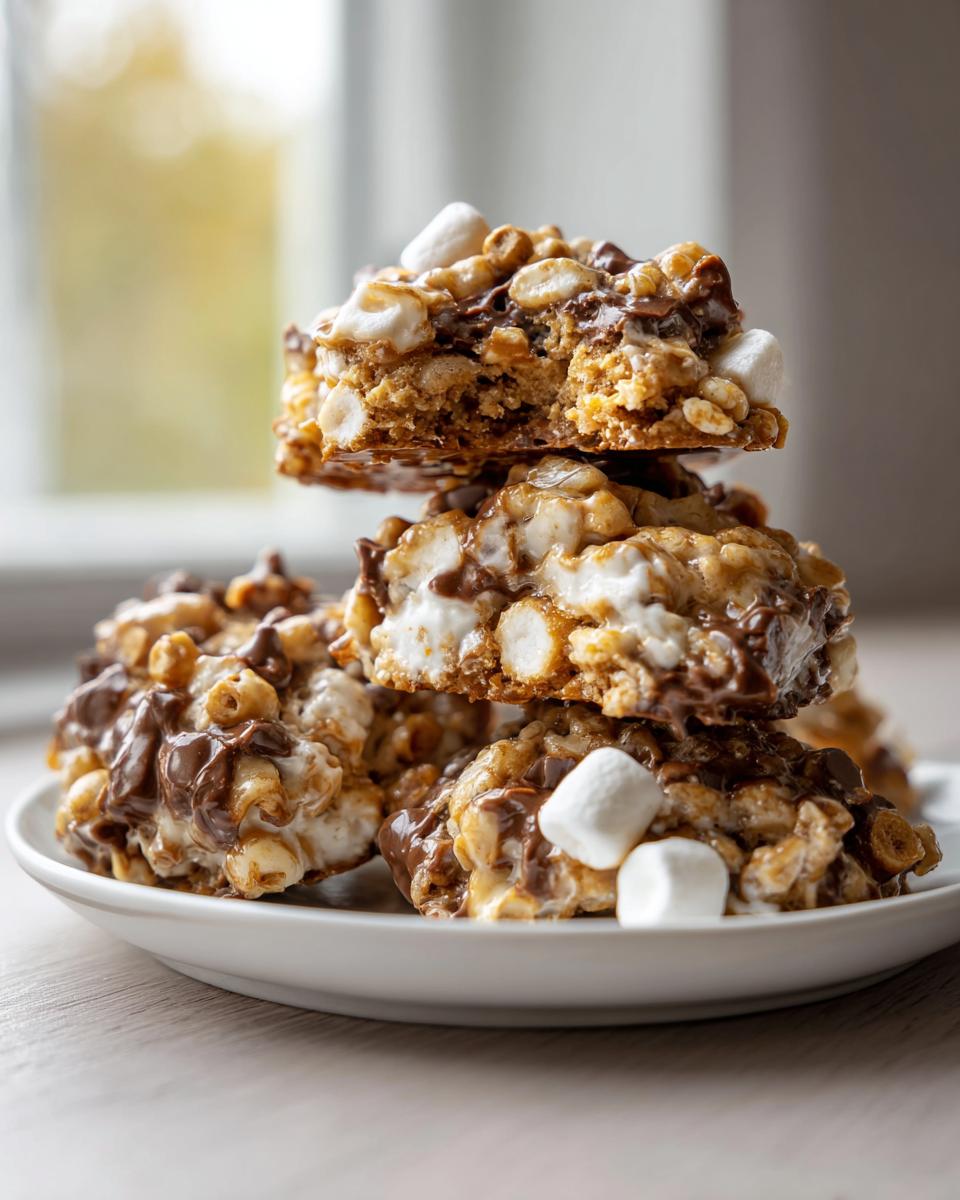 A stack of gooey avalanche cookies featuring marshmallows, chocolate, and cereal pieces on a white plate.