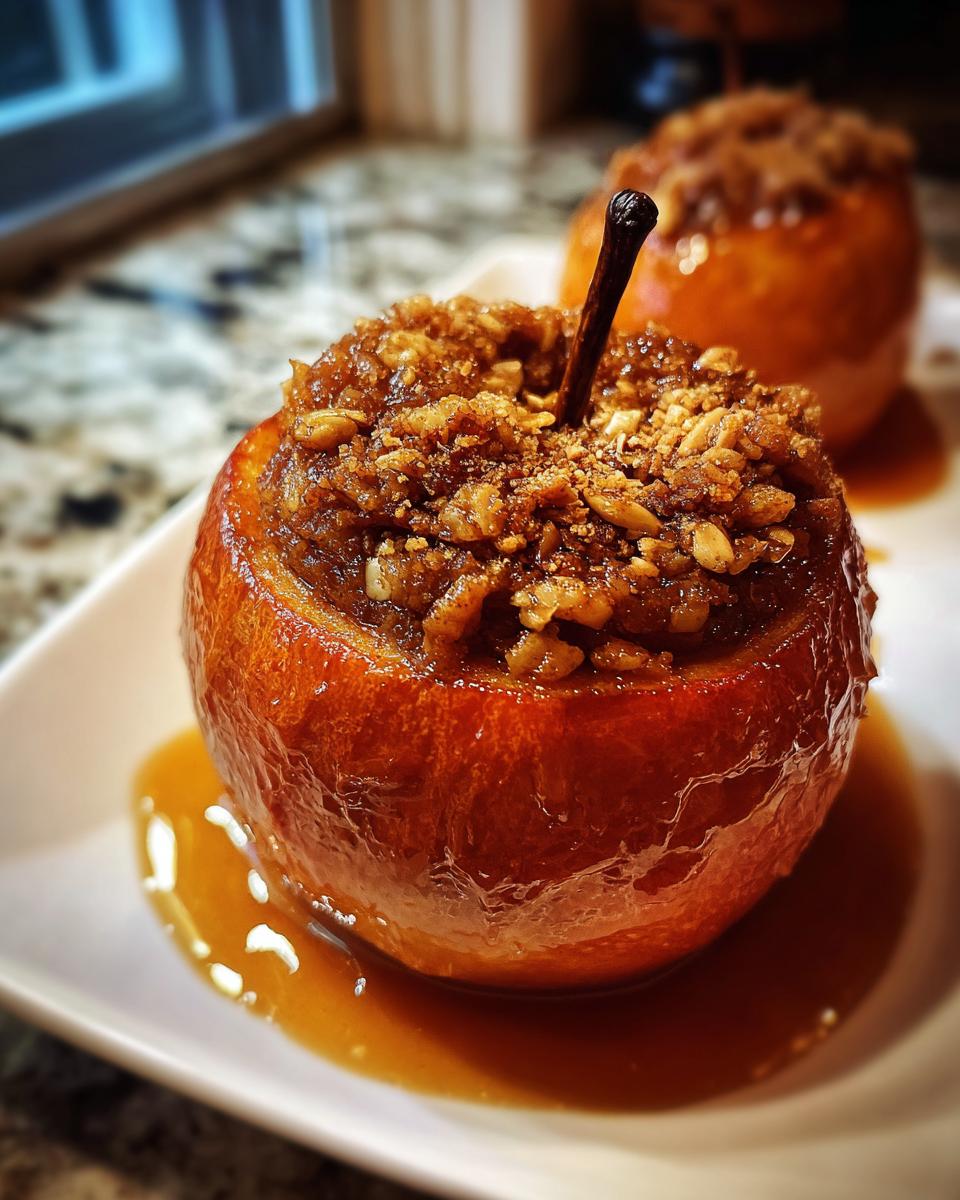 Close-up of a glistening baked apples dessert topped with brown sugar and nuts, sitting in caramel sauce.